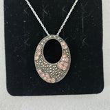 NF 925 Sterling Silver Thailand Marcasite &Crystal 17" Necklace Oval Pendant NEW