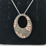 NF 925 Sterling Silver Thailand Marcasite &Crystal 17" Necklace Oval Pendant NEW