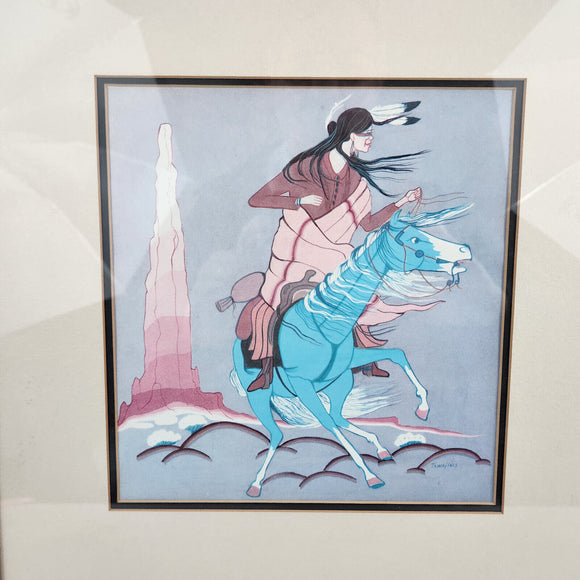 Andrew Tsinnijinnie Navajo Blue Horse with Woman Watercolor Print Framed Art