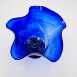 Footed Cobalt Blue Art Glass Vase with Swirl Pattern Handcrafted, Excellent Cond