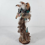 Vtg Hopi Kachina Doll - Carved Wood, Feathers, Turquoise - 9" T - Circa 1960s