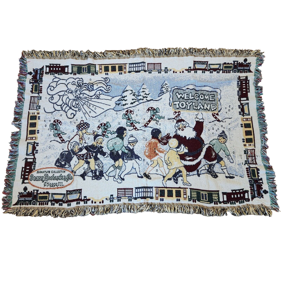 90s Fieldcrest Cotton 46x68” Sears Toyland Woven Tapestry Throw Blanket w/Fringe