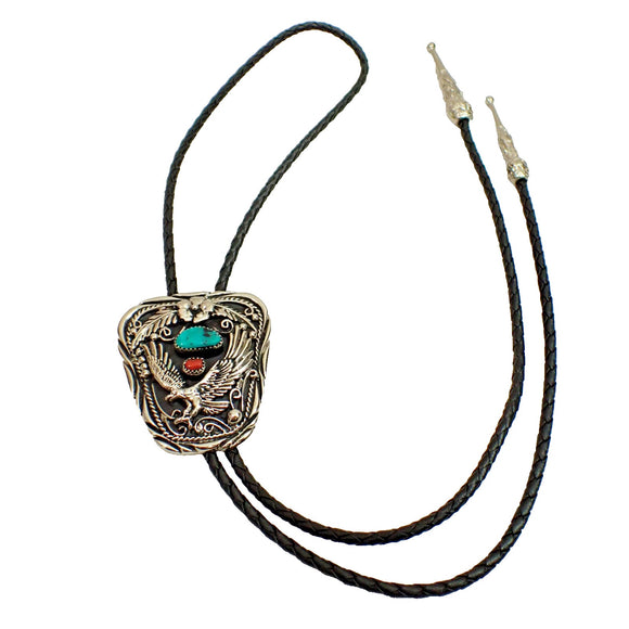 SSI USA Eagle Bolo Tie Turquoise Coral Inlay Western 33