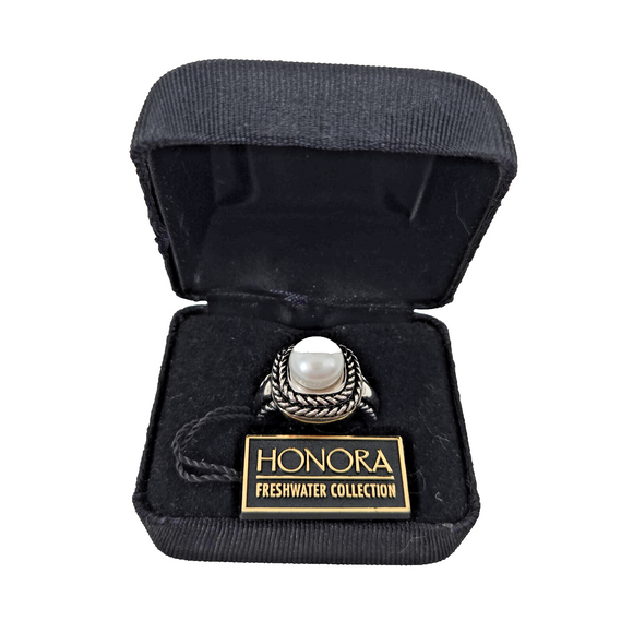 Vintage HONORA Sterling Silver 925 White Pearl Square Designer Rope Ring Size 8