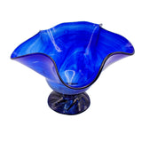 Footed Cobalt Blue Art Glass Vase with Swirl Pattern Handcrafted, Excellent Cond