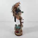 Vtg Hopi Kachina Doll - Carved Wood, Feathers, Turquoise - 9" T - Circa 1960s