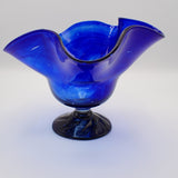 Footed Cobalt Blue Art Glass Vase with Swirl Pattern Handcrafted, Excellent Cond