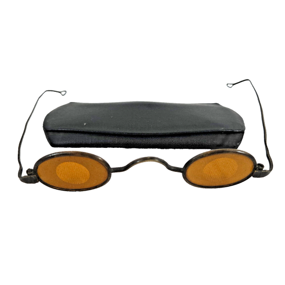 1880s Victorian Tinted Amber Oval Frosted Glass Spectacles w/Round Clear Centers