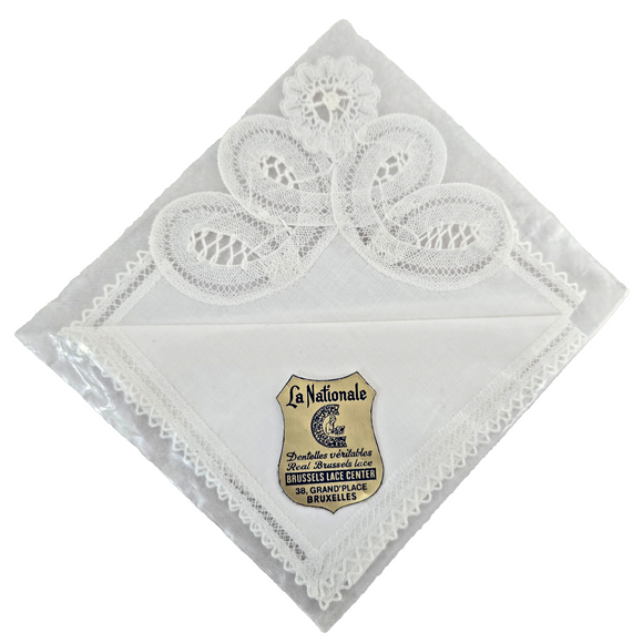 Vtg White La Nationale Brussels Lace Center Bridal Wedding Handkerchief 8.5