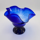 Footed Cobalt Blue Art Glass Vase with Swirl Pattern Handcrafted, Excellent Cond