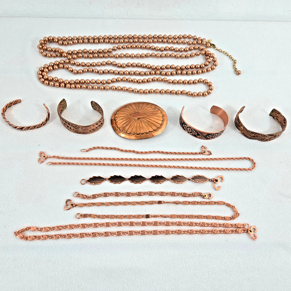 Vtg 12 pc Collection of Copper/Copper-Colored Bracelets, Necklaces & Belt Buckle