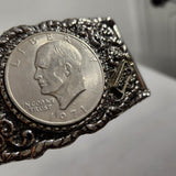 Vintage Howdy 1971 Eisenhower Dollar Coin Western 3.5x2 Belt Buckle Floral