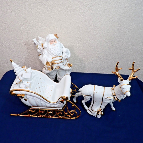 Traditions White Porcelain Santa Sleigh Reindeer Gold Accents w/Box 3pc Set 1999