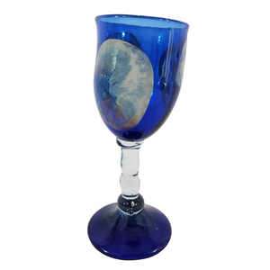 Hand Blown Cobalt Blue w/Clear Stem & Blue Base Glass Wine/Water Goblet 9.25" T