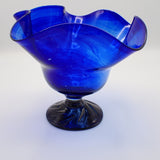 Footed Cobalt Blue Art Glass Vase with Swirl Pattern Handcrafted, Excellent Cond