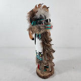 Vtg Hopi Kachina Doll - Carved Wood, Feathers, Turquoise - 9" T - Circa 1960s