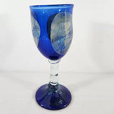 Hand Blown Cobalt Blue w/Clear Stem & Blue Base Glass Wine/Water Goblet 9.25" T