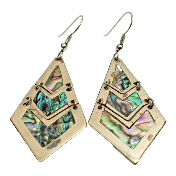 SOMBRAS Mexico Abalone Shell Geometric Dangle Earrings, Alpaca Silver , Vintage