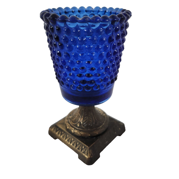 Vintage Cobalt Blue Hobnail Glass w/Metal Pedestal Votive Candle Holder 4.25