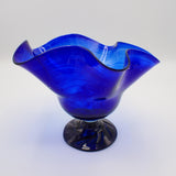Footed Cobalt Blue Art Glass Vase with Swirl Pattern Handcrafted, Excellent Cond