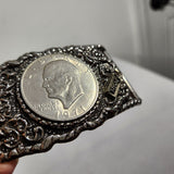 Vintage Howdy 1971 Eisenhower Dollar Coin Western 3.5x2 Belt Buckle Floral