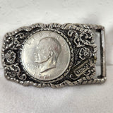 Vintage Howdy 1971 Eisenhower Dollar Coin Western 3.5x2 Belt Buckle Floral