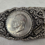 Vintage Howdy 1971 Eisenhower Dollar Coin Western 3.5x2 Belt Buckle Floral