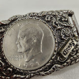 Vintage Howdy 1971 Eisenhower Dollar Coin Western 3.5x2 Belt Buckle Floral