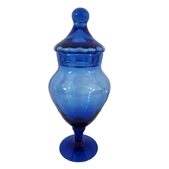 Vtg 1960s Cobalt Blue Pedestal Style Apothecary Empoli Style Jar w/Lid 8.5