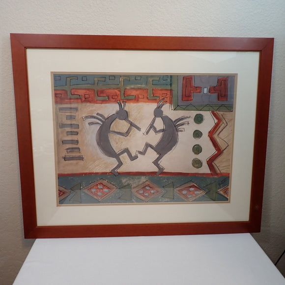 Susan Gillette Signed Original Watercolor Kokopelli Figures Dancing 34x27 Framed