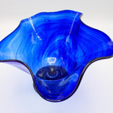 Footed Cobalt Blue Art Glass Vase with Swirl Pattern Handcrafted, Excellent Cond