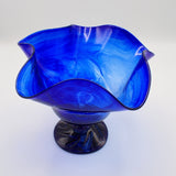 Footed Cobalt Blue Art Glass Vase with Swirl Pattern Handcrafted, Excellent Cond