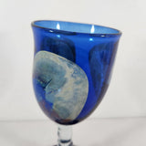 Hand Blown Cobalt Blue w/Clear Stem & Blue Base Glass Wine/Water Goblet 9.25" T