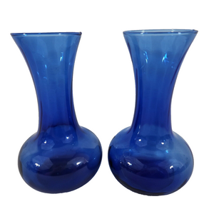 70s Cobalt Blue Indiana Glass Illusions Style Glass Vase 8" Set of 2 Flared Rims