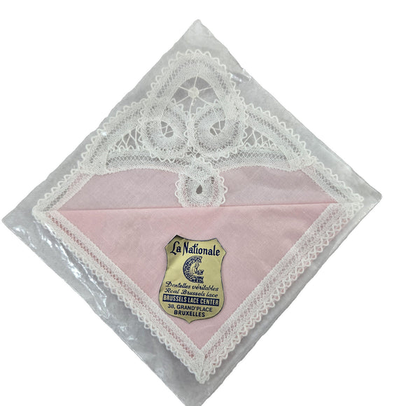 Pink & White La Nationale Brussels Lace Center Bridal Wedding Handkerchief NEW