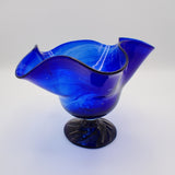 Footed Cobalt Blue Art Glass Vase with Swirl Pattern Handcrafted, Excellent Cond