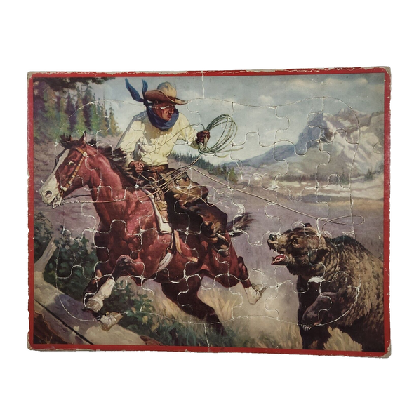 Vintage 1950s Tray Frame Jigsaw Puzzle Cowboy on Horse Roping a Bear