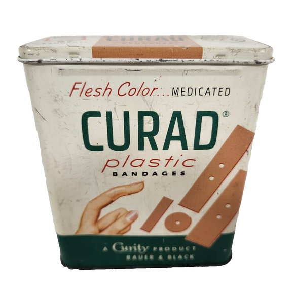 Vintage CURAD Flesh Color Medicated Plastic Bandage Tin Box w/Hinged Lid Curity