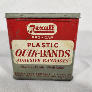Vintage 1950s Rexall Quik-Bands Bandaid Bandage 3-1/2" x 3-1/2" Tin Rexall Drug